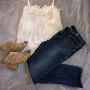 Straight legged blue jeans